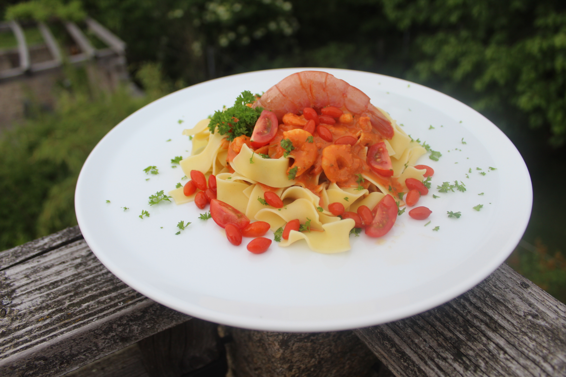 BANDNUDELN mit Tomaten Goji-Soße und Garnelen